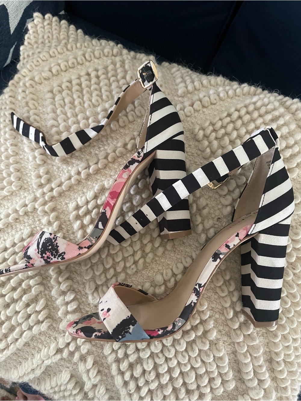 JustFab Pink Floral & Black Striped Slingback Heels